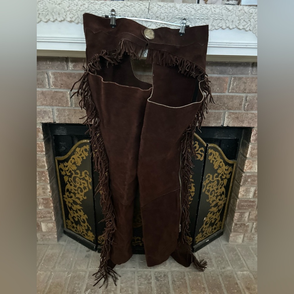 CHAPS Suede Brown LEATHER Fringe Western Rodeo Riding Gear Cowboy Handcrafted